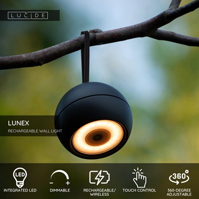 Lucide LUNEX - Rechargeable Wall light Indoor/Outdoor - Battery pack - LED Dim. - 1x2W 3000K - IP54 - Magnetic - Black